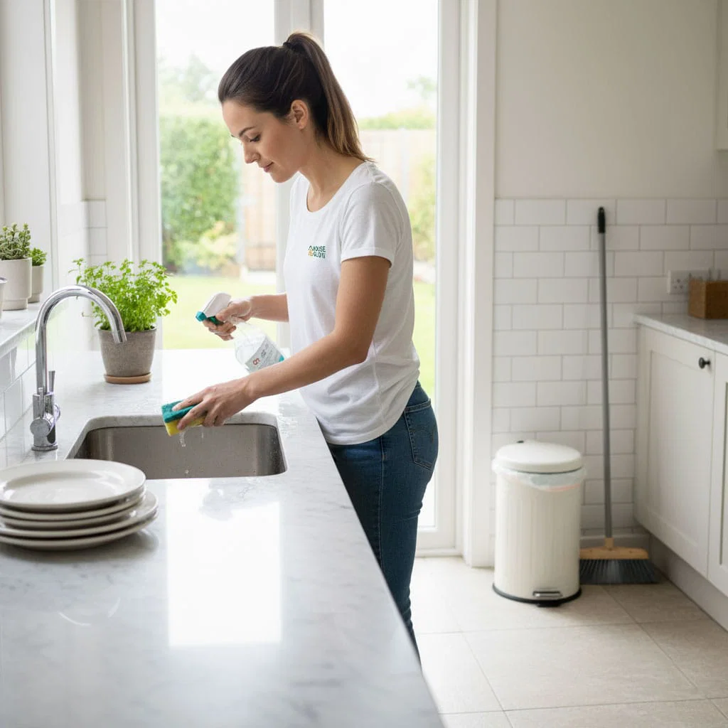 Professional house cleaner in white shirt and jeans washing dishes at a San Mateo kitchen sink with sponge and spray bottle.